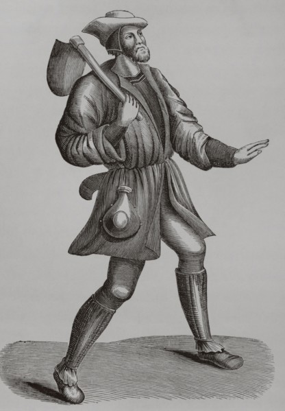 15th century French peasant. Engraving after a miniature of the ""Danse macabre"". ""Moeurs, usages