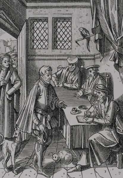 Tribunal of the King's Bailiff. Facsimile of a woodcut from ""Praxis Rerum Civilium"" by Josse