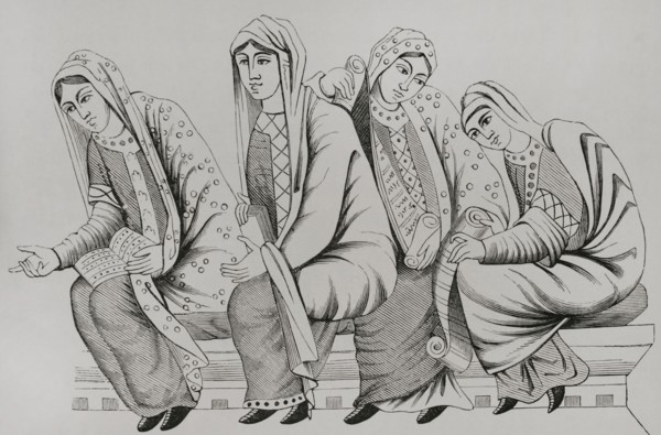 Dresses of noblewomen in the 11th century. Facsimile of an engraving based on a miniature from the