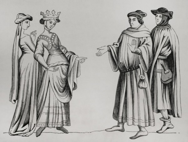Noble lady and maid of honour accompanied by two bourgeois men wearing chaperon. 14th century.