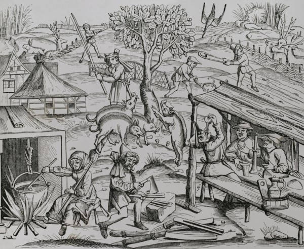 Life in the countryside. A woman with a distaff stirring food in a pot. 19th century facsimile