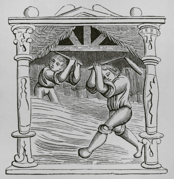 Threshing wheat. Engraving from a miniature in a calendar published in a book of hours, from the