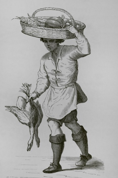 Poultry dealer. Facsimile from a woodcut by Cesare Vecellio (ca. 1521-ca. 1601). ""Moeurs, usages