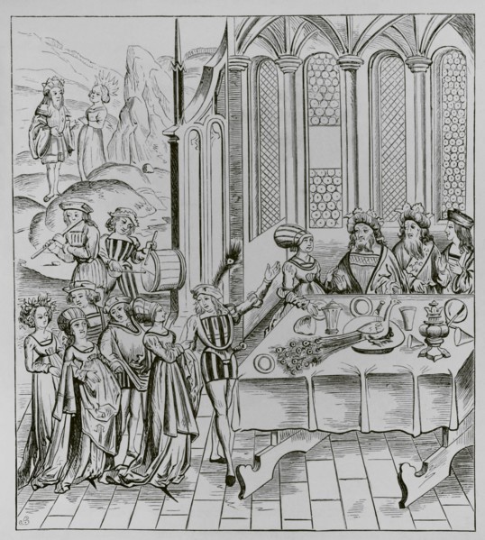 State banquet. Serving the peacok. 19th century facsimile after a woodcut from an edition of
