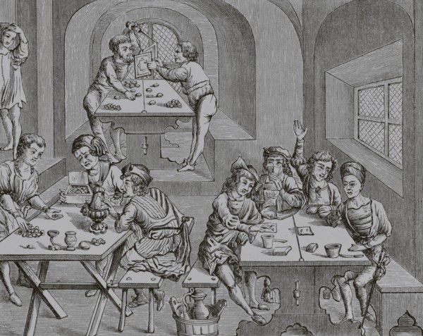 Interior of an hostelry. 19th century facsimile after a woodcut from an edition of Virgil's works
