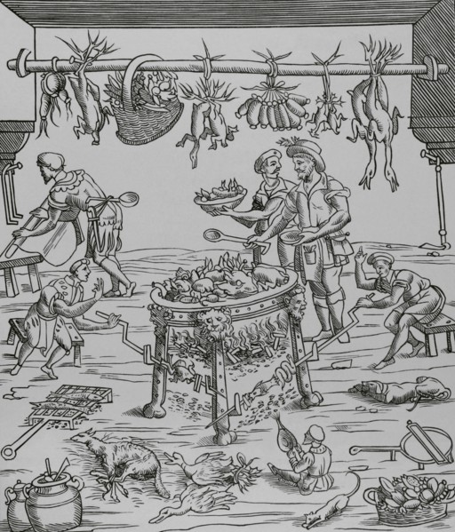 Interior of Italian Kitchen. Cooks preparing a feast. Facsimile of a woodcut from the cookbook of