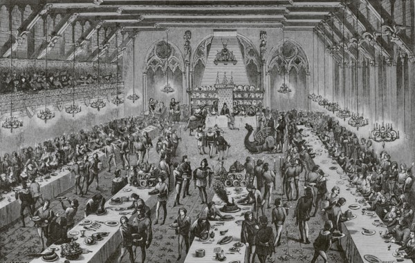 Grand ceremonial banquet at the French Court in the 14th century, with ""entremets"" (dishes that