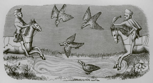 Medieval falconers hunting ducks. Engraving after a miniature from the book of the ""Roi Modus""