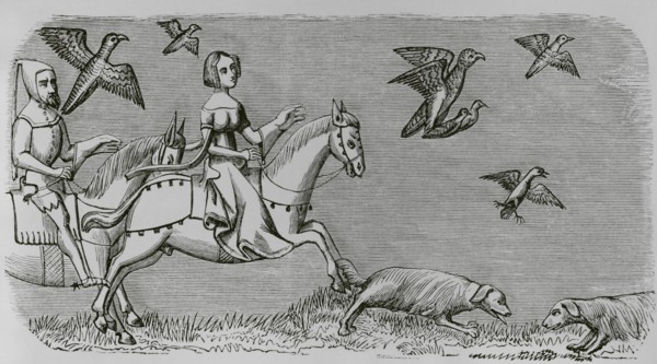 How to make your new falcon fly. Engraving after a miniature from the book of the ""Roi Modus""