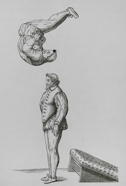 Somersault using a springboard. Facsimile of an engraving from ""Trois dialogues de l'exercice de