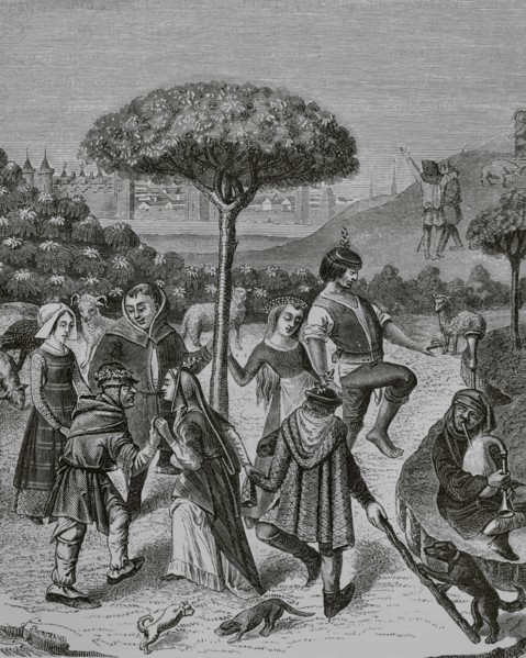 Peasant dances of the May Feasts. Facsimile of an engraving from a miniature in a 15th-century book