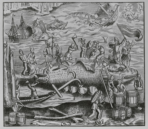 Whale fishing. Facsimile after a woodcut from ""La cosmographie universelle"" by Andre Thevet