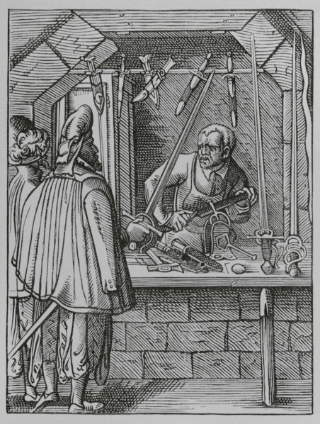 The trades. The swordmaker. Facsimile after a drawing and engraving by Jost Amman in the 16th