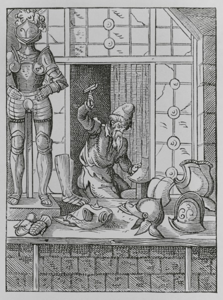 The trades. The armourer. Facsimile after a drawing and engraving by Jost Amman in the 16th century