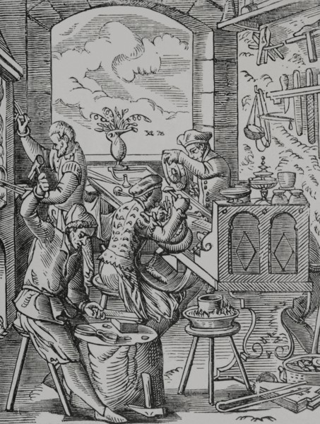 Goldsmith. Reproduction of a 16th-century engraving by Jost Amman. ""Moeurs, usages et costumes au