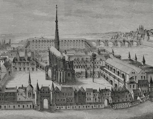 Paris, France. The Palais and the Sainte-Chapelle in the 16th century. Facsimile of an engraving of