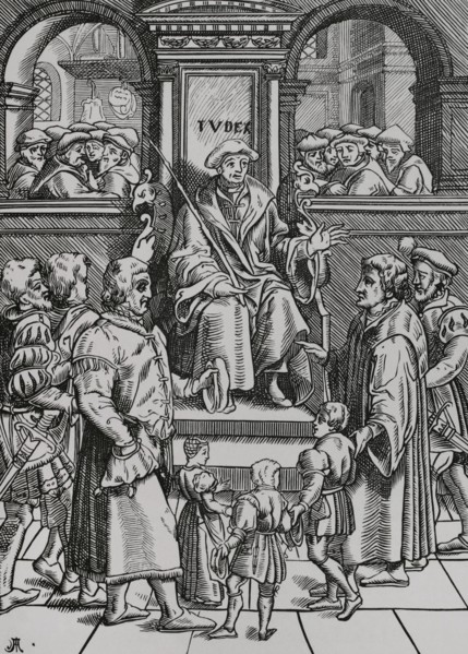 Adoption of orphan children in the Inferior Court of the Great Bailiwick. Facsimile after a woodcut