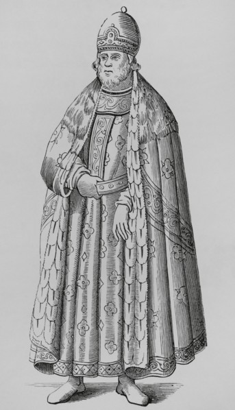 Doge of Venice in ceremonial costume. 16th century. Engraving after Cesare Vecellio (1521-1601) in