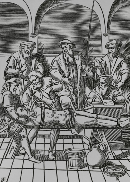 The Water Torture. The prisoner was tied with ropes to a sloping ladder or surface so that his head