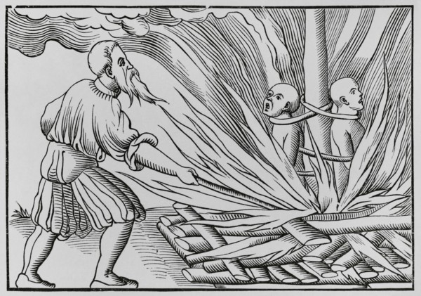 Torture by fire. Engraving after a woodcut in Sebastian Munster's ""Cosmographia universalis"",