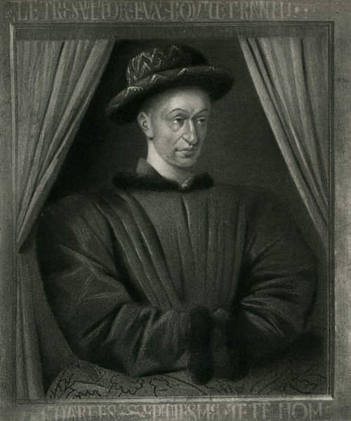This painting of Charles VII (1403-1461) dates to the time period but credits no artist. It hangs