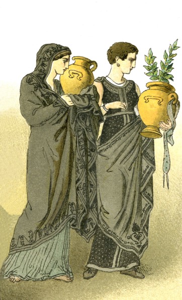 The figures represent two ancient Greek women in mourning. Greek women, by custom, kept their hair