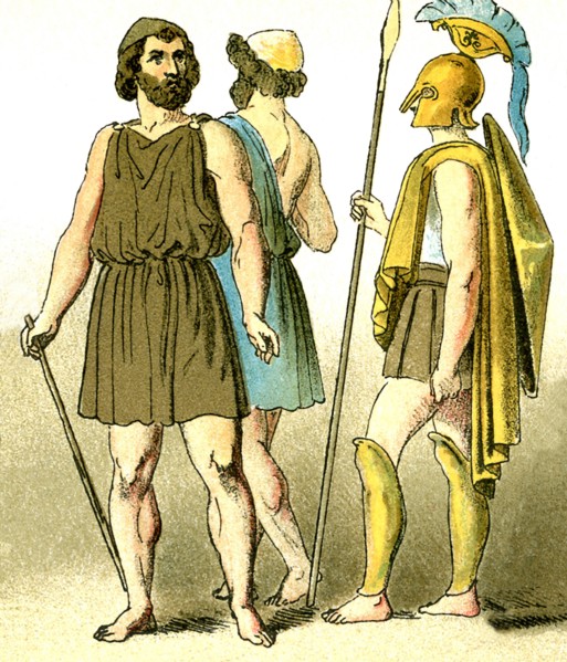 These illustrations of ancient Greeks represent, from left to right: a two commoners and a warrior.
