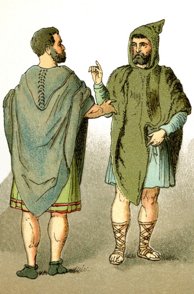 The figures represent two ancient Romans in travel outfits. Th ei llustration dates to 1882.