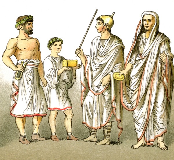 The figures represent ancient Roman men and boys, from left to right: two assistants at sacrifices,
