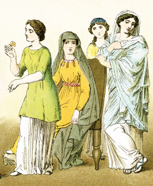 The figures represent four ancient Roman women. The illustration dates to 1882.