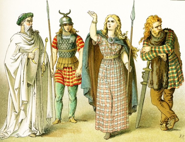 The figures in this illustration represent, from left to right: a Druid priest, a Gallic warrior,