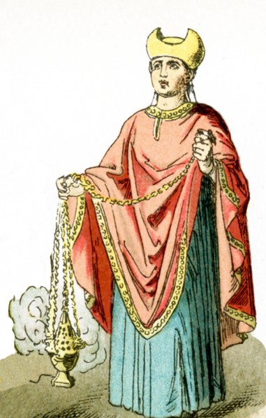 The figure represented here represents an ancient Roman Christian priest. The illustration dates to