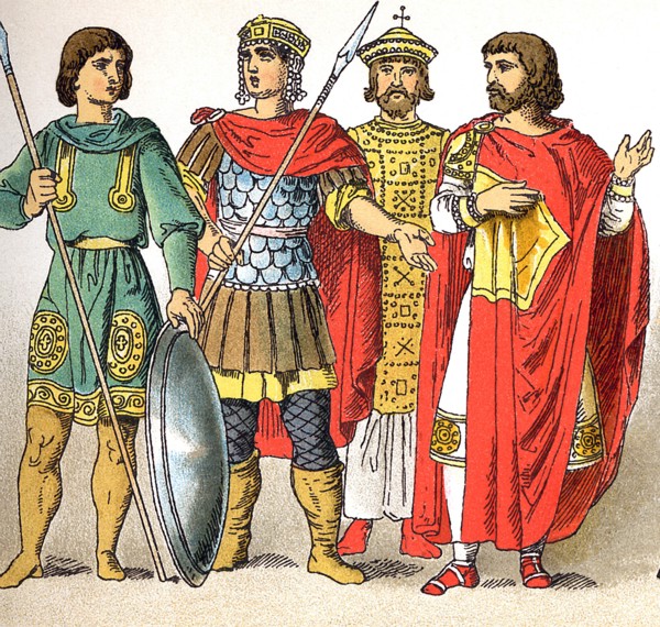 The Byzantine figures represent, from left to right, two warriors (A.D. 800), the emperor