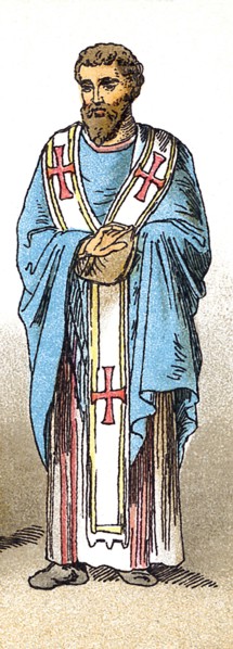 The Byzantine figure represented is a 9th century A.D. bishop. Th illustration dates to 1882.