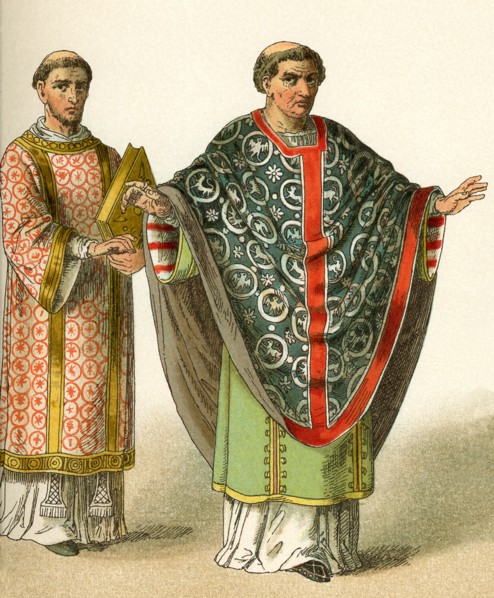 The costumes depicted here represent the garb worn around A.D. 900 by a deacon (left) and a bishop