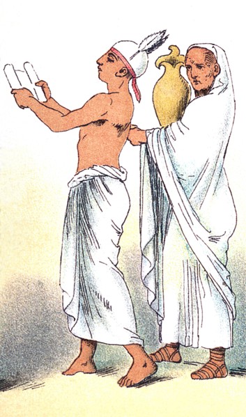 This 1882 illustration represents two ancient Egyptian priests, with the wall paintings uncovered