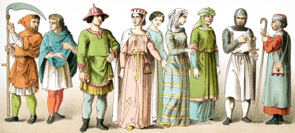 The figures represent French people around A.D. 1100. They are, from left to right: two peasants,