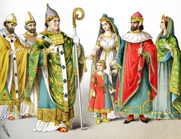 The figures pictured here represent Roman Catholic popes and Venetian nobles around A.D. 1200. They
