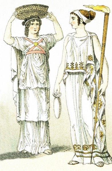 The ancient Greeks represented here are, from left to right: a female basket-bearer at a