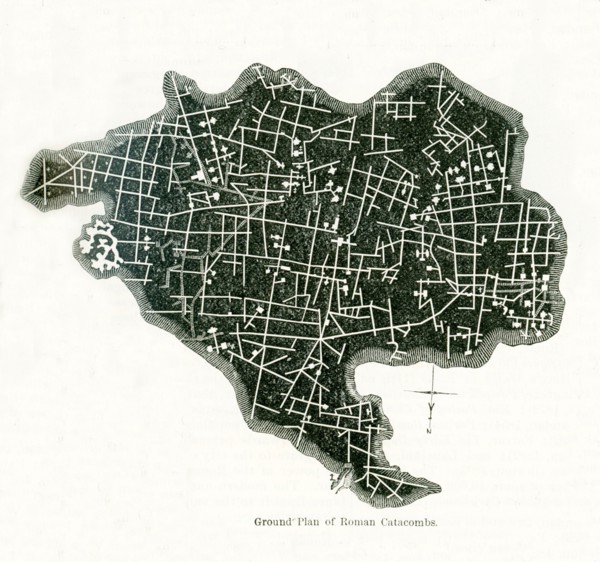 This ground plan of Roman catacombs dates to 1897. These catacombs were originally quarries, some