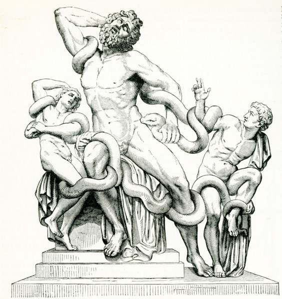This image dates to 1897 and is a copy of a statue of Laocoon and his sons. According to Greek