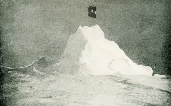 This photo shows Peary's flag flying at the north Pole, April 1909. By the courteous permission of
