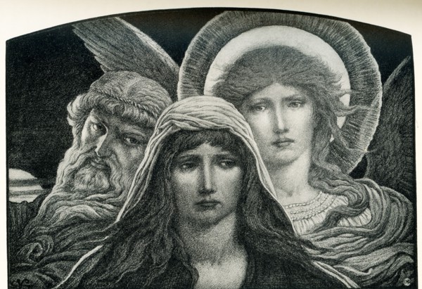This illustration shows the painting titled The Soul between Faith and Doubt by Elihu Vedder. Elihu