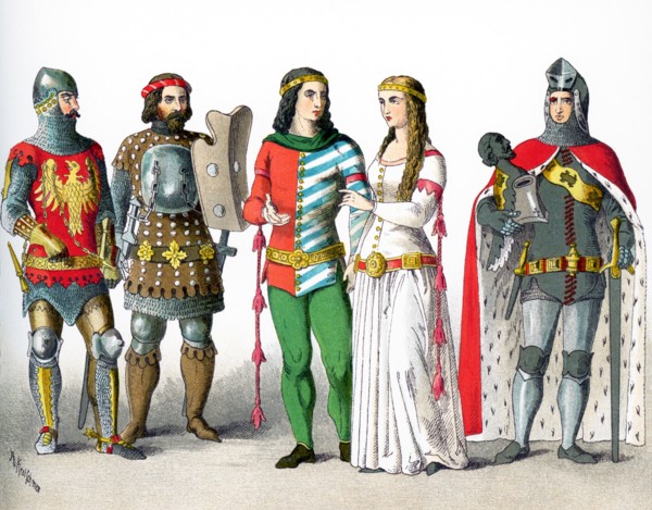 The figures represent Germans from A.D. 1350 to 1400. They are, from left to right: two knights in