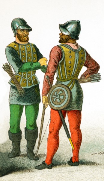 The image shows two British soldiers between 1450 and 1500. The illustration dates to 1882.