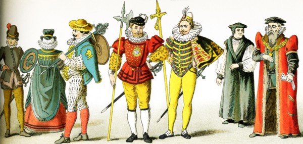 The figures in this image represent English men and a woman from the period A.D. 1550 to 1600. They