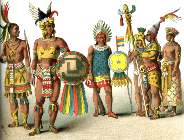 This illustration shows Mexicans around A.D. 1500. From left to right are: a high-ranking man, a