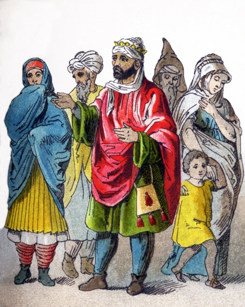 These figures represent Moors in 1500. They are, from left to right: a woman, man, king, man, boy,