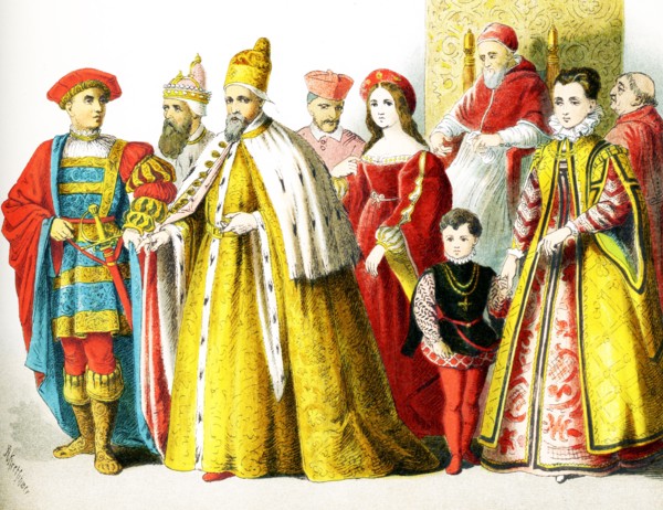 The figures pictured here represent Italians around 1500 A.D. They are from left to right: man of