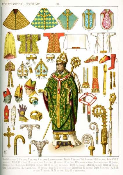Shown in this image are a variety of ecclesiastical costumes related to the Christian Church. They